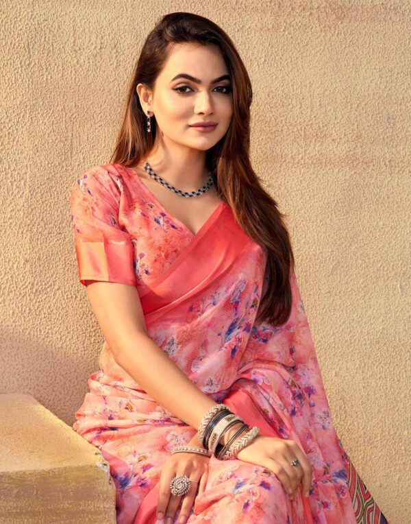 Ready To Wear Coral Red Georgette Floral Printed Saree